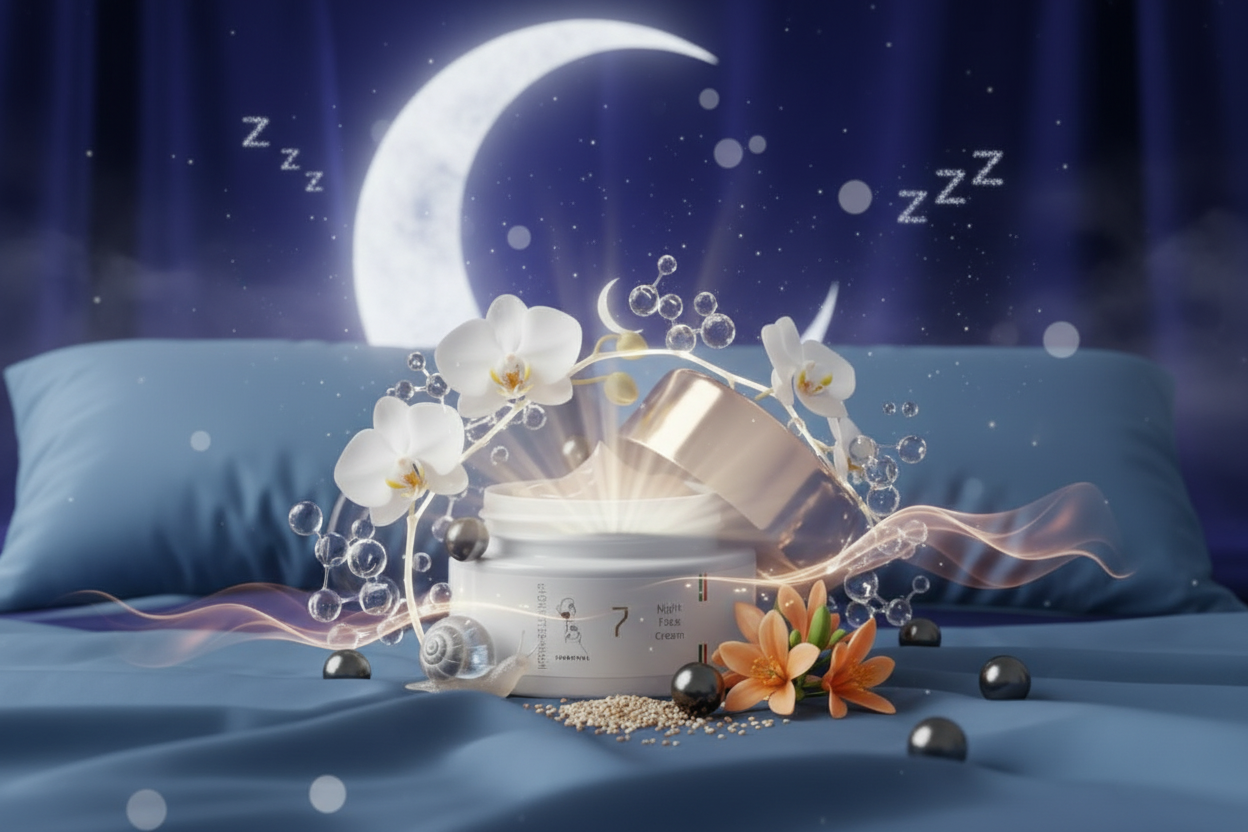 Illustrierte Nachtszene mit Mond, Sternen und „zzz"-Schriftzug – Mood-Bild für Night Face Cream